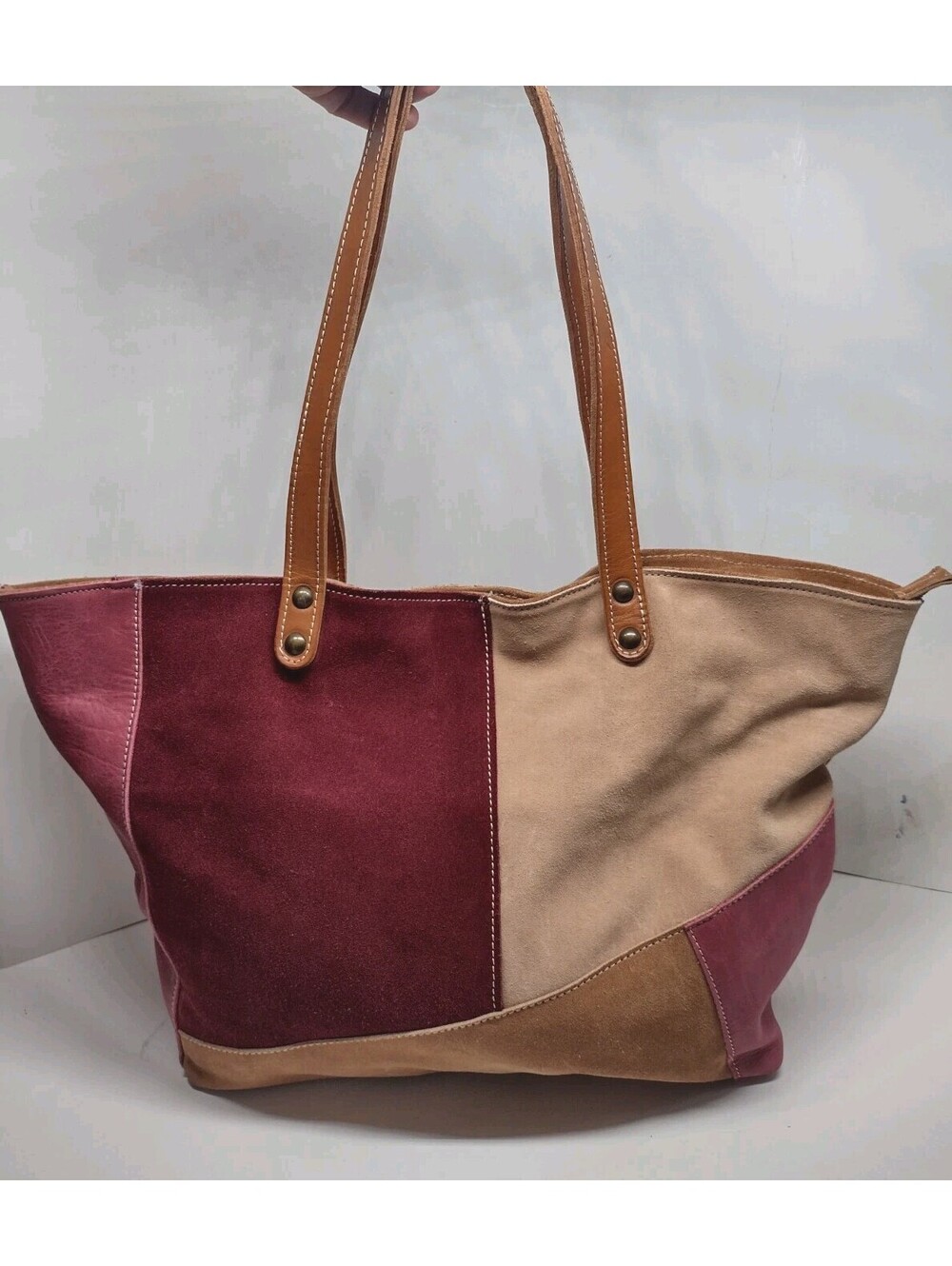 Sundance Made in Italy Suede Leather Patchwork Tote Bag Boho Burgundy Tan